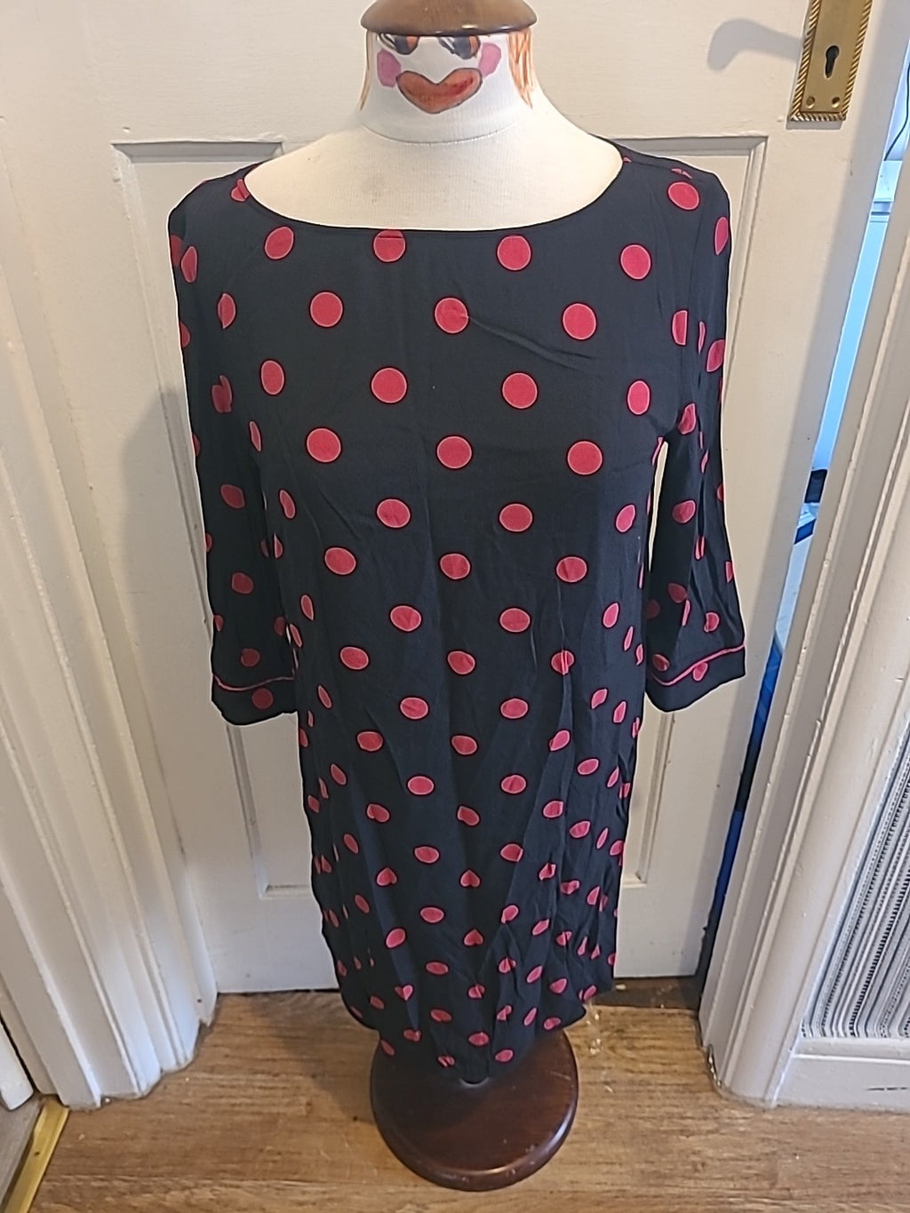 Ladies Next Size 12 Black/Pink Spotted Mid Sleeved Dress