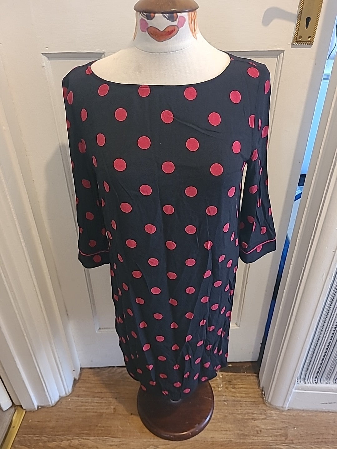 Ladies Next Size 12 Black/Pink Spotted Mid Sleeved Dress