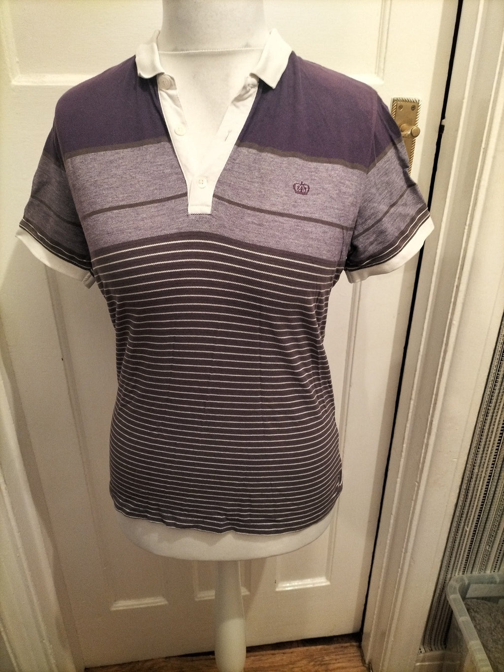 Mens Next Size Small Purple And White Striped Short Sleeved Polo