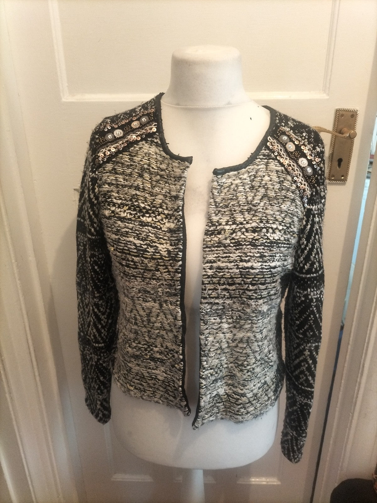 Ladies H&M Size Black White Gold Sequin Shoulder Cardigan