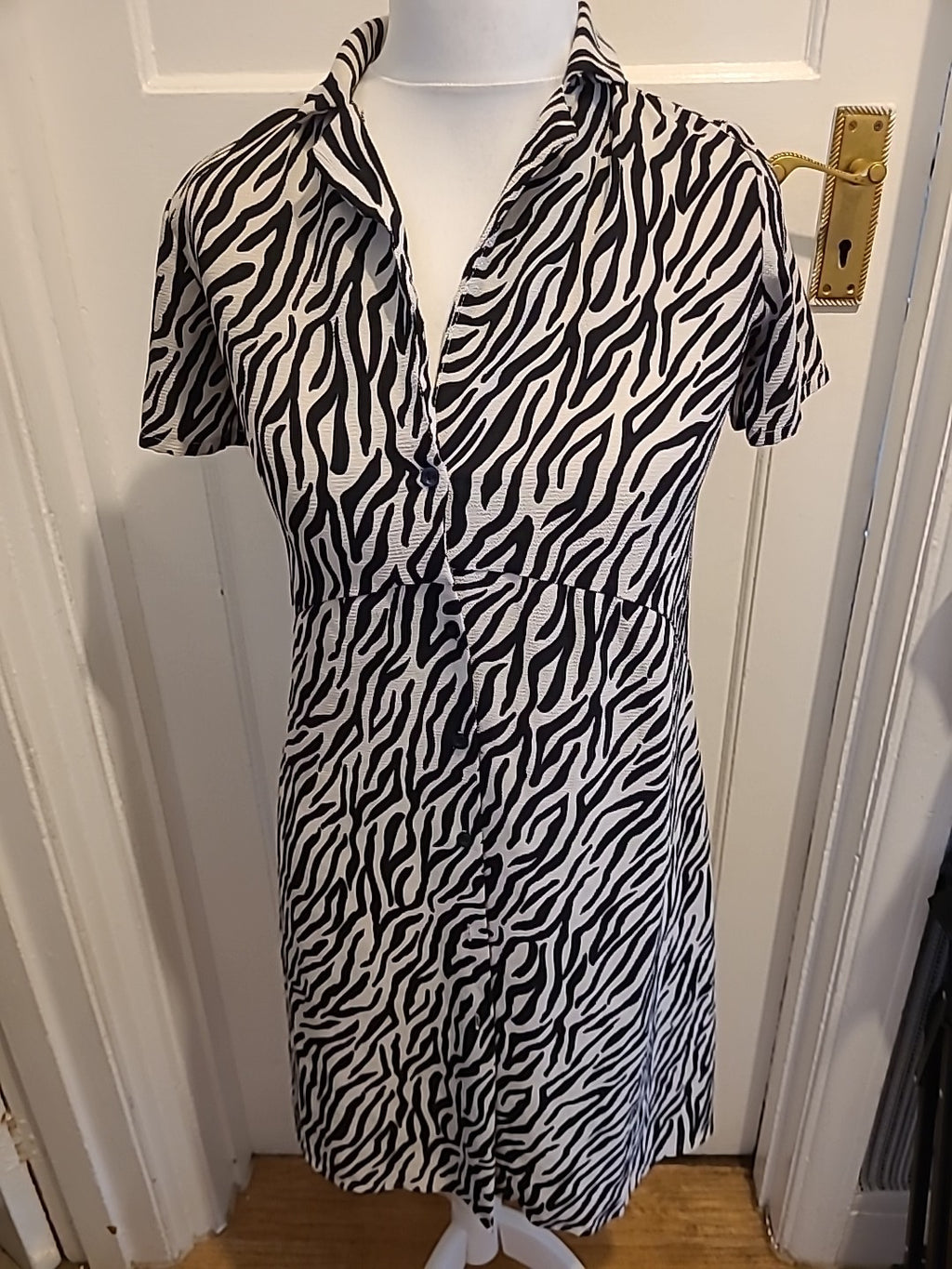 Ladies Boohoo Size 10 Zebra Print Short Sleeved Collared Buttoned Dress