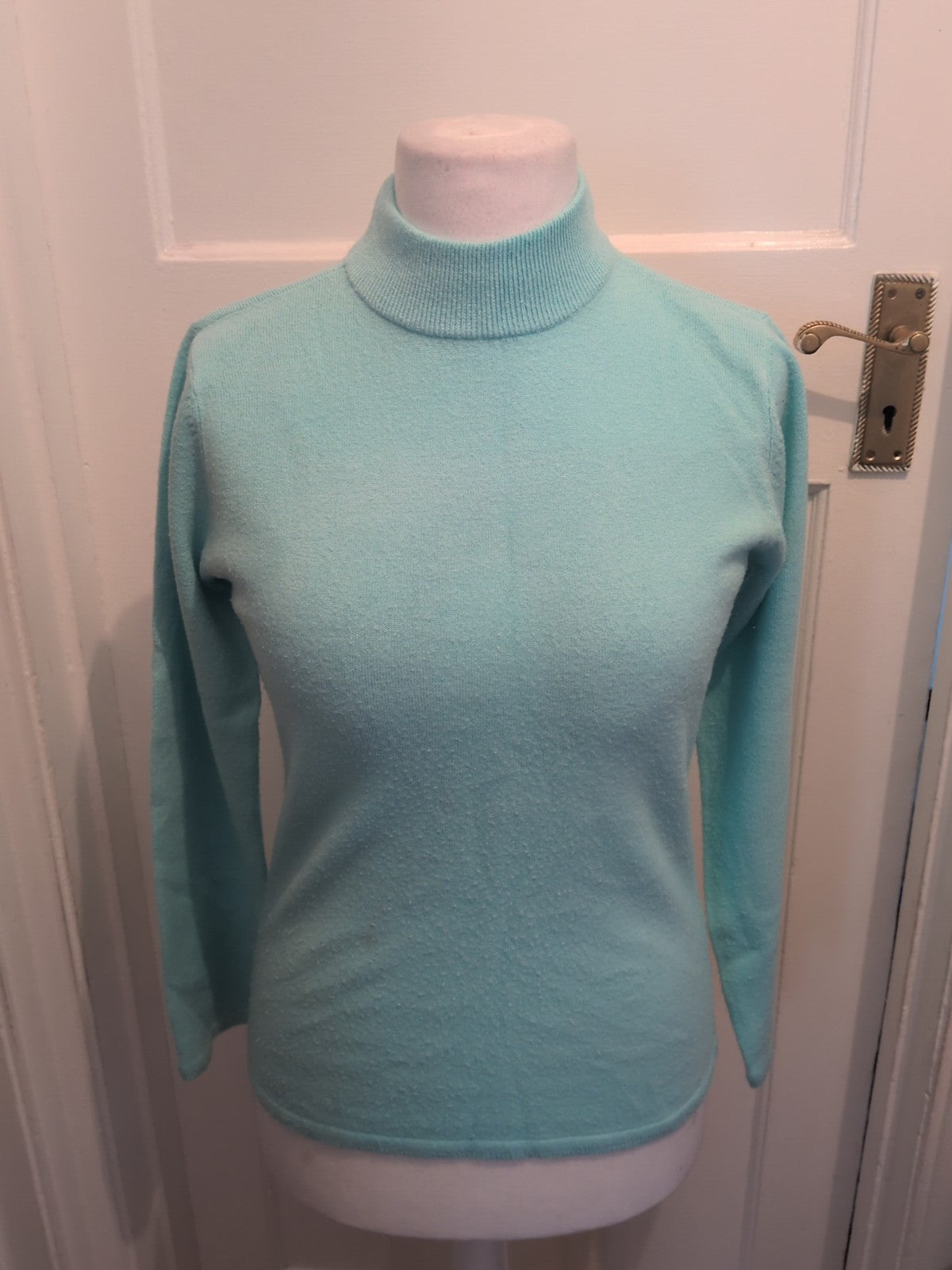Ladies Bm Size Small Aqua Blue Long Sleeved High Neck Jumper