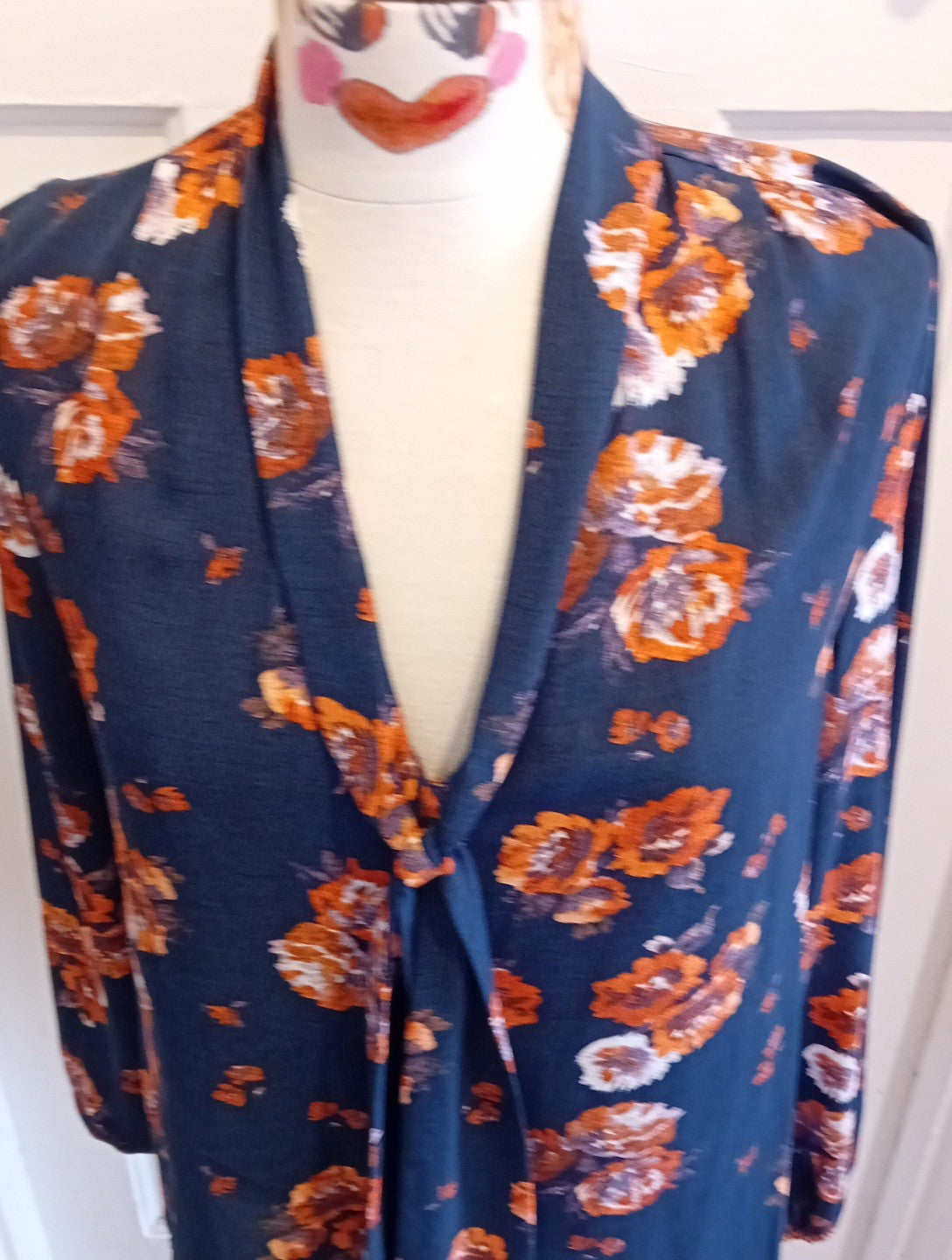 Ladies Tu Size 10 Navy And Orange Floral Long Sleeved Blouse