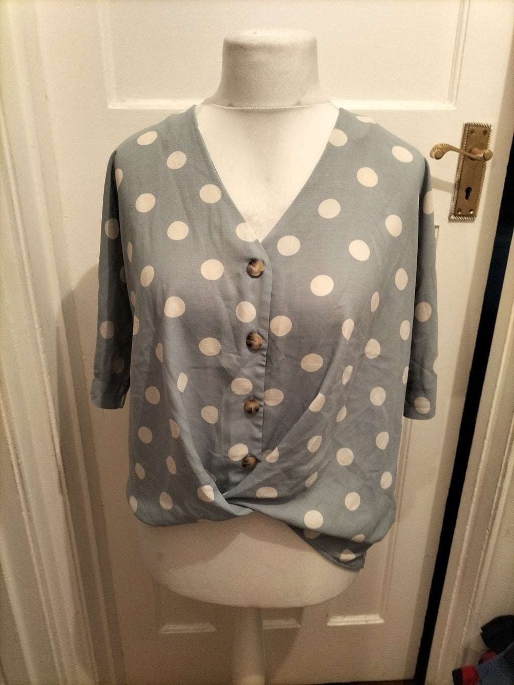 Primark 10 Blue And White Spotted Blouse Short Sleeve
