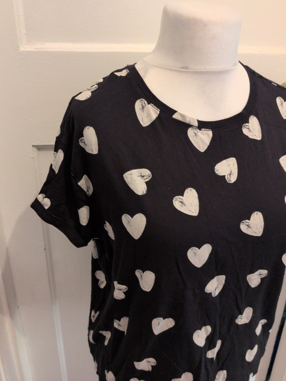 Marks And Spencer Large Black With White Hearts Short Sleeve Pyjama Top