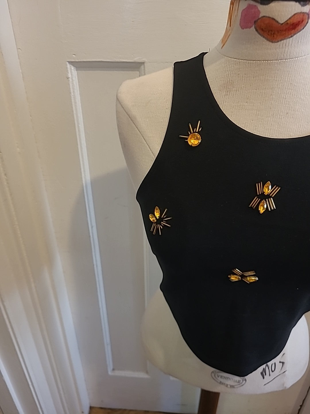Ladies H+M Small Black Orange Diamonte Sleeveless Tshirt