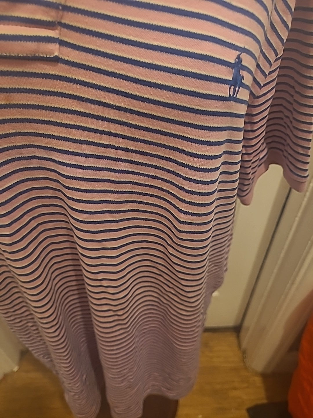 Mens Ralph Lauren Size Large Pink Navy Striped Short Sleeved Polo Shirt