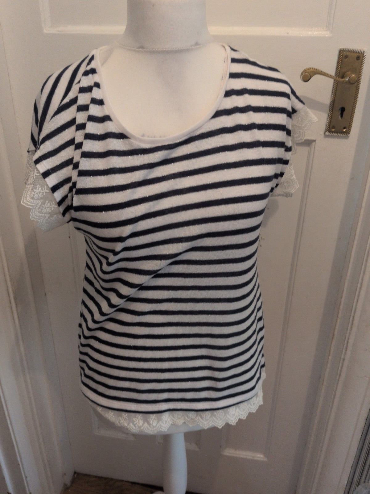 George 12 Navy And Ivory Stripes Frill Hem Short Sleeve Sparkle Blouse