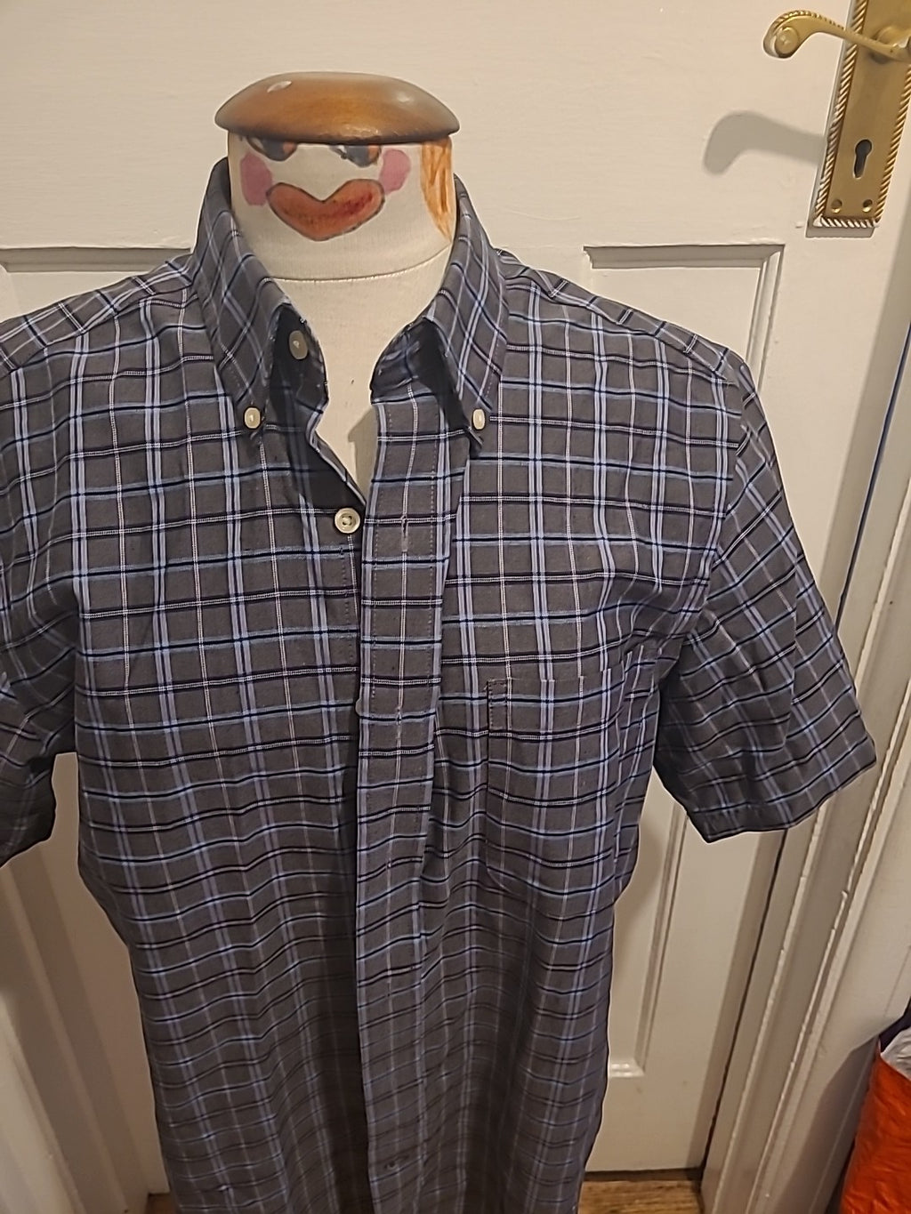 Mens St Johns Bay Size Medium Grey Blue Check Short Sleeved Shirt