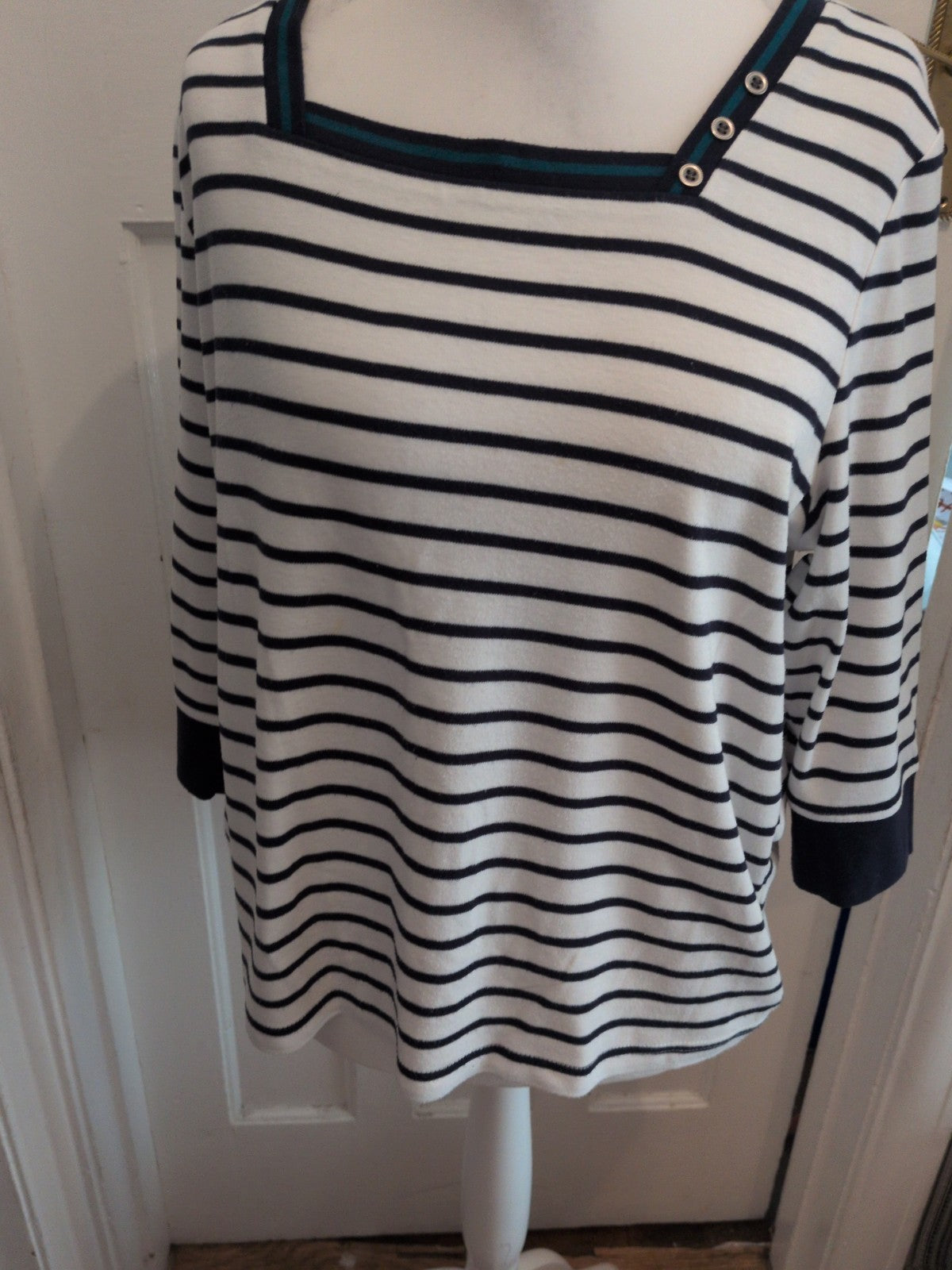 BM Casual Large Navy White 3/4 Sleeve Square Neck Top