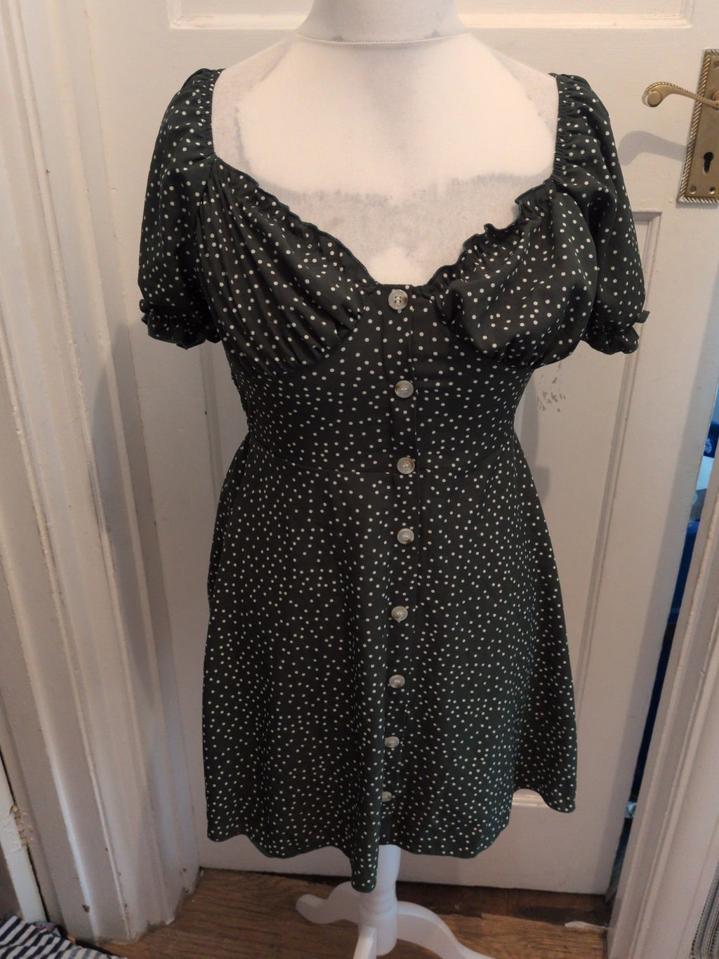 Shein Medium Green And White Spotty Short Sleeve Short Dress