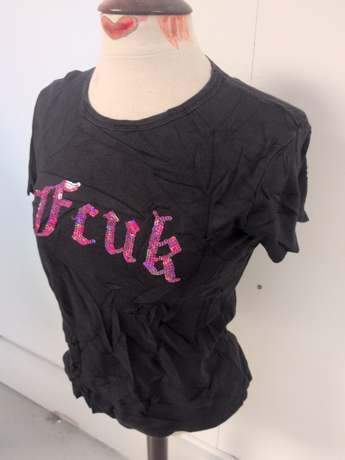 Ladies Fcuk Jeans Size Large Black With Pink Sequin Short Sleeve T-shirt