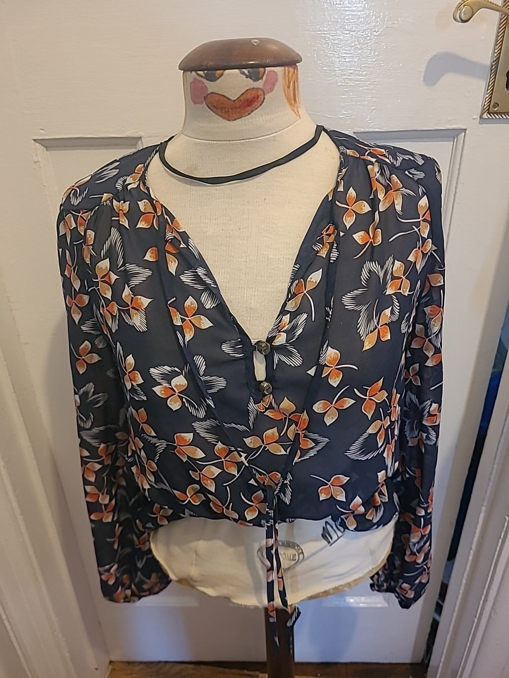 Ladies Primark Size 10 Navy And Red Floral Long Sleeved Blouse