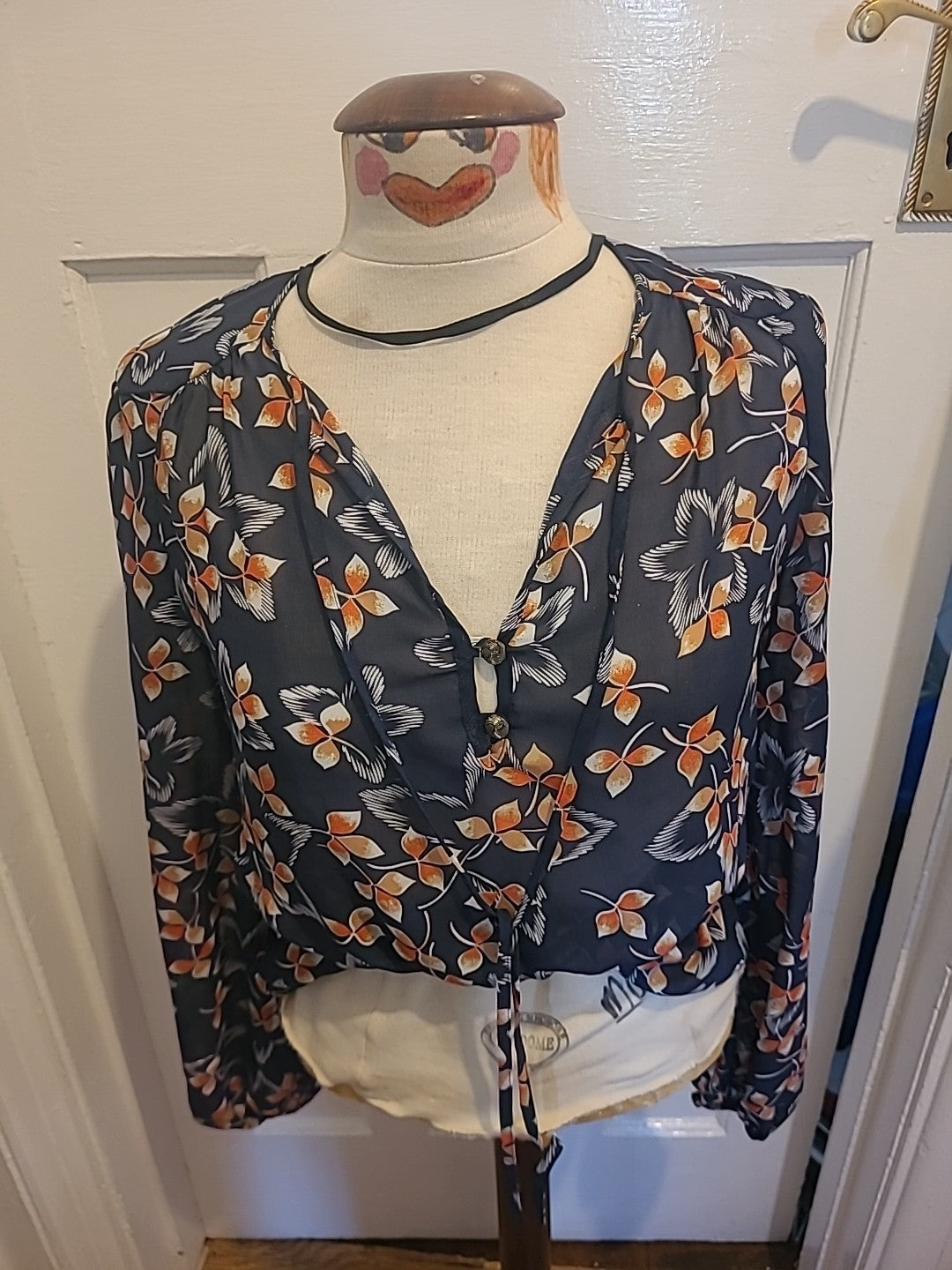 Ladies Primark Size 10 Navy And Red Floral Long Sleeved Blouse
