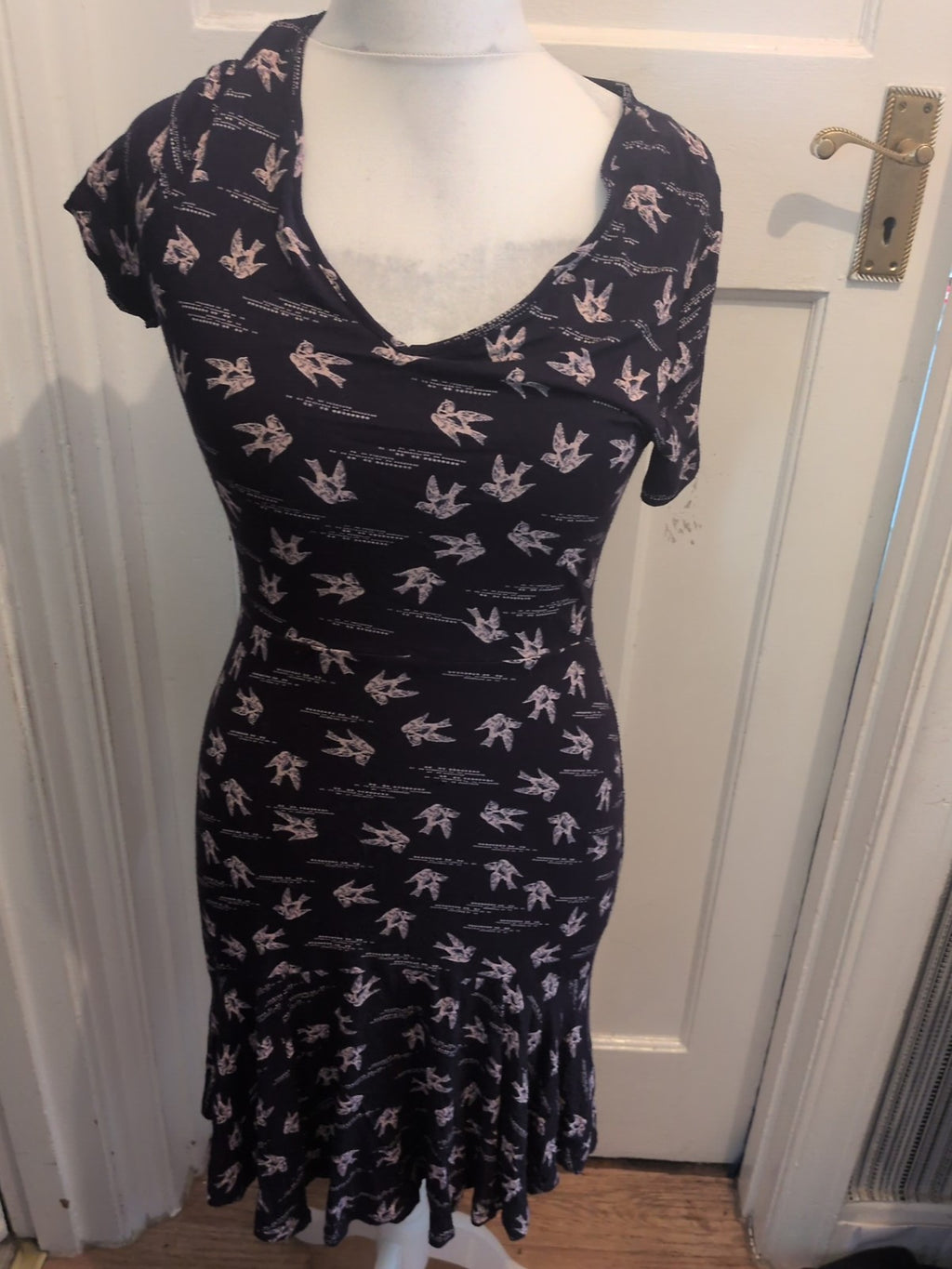 Next 12 Navy With Pink Birds Short Sleeve Dress