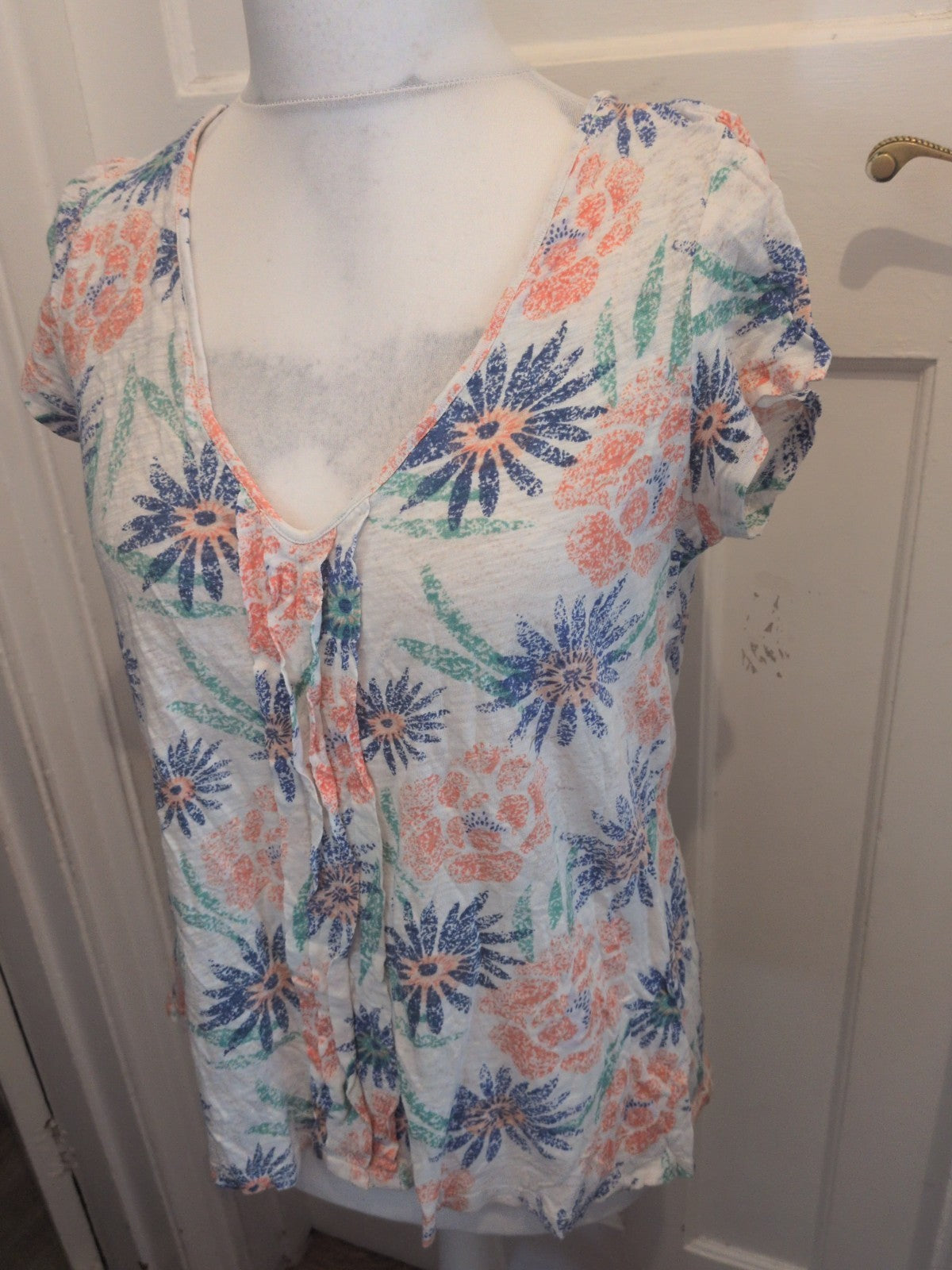 White Stuff 14 White With Multi Flower Short Sleeve Blouse