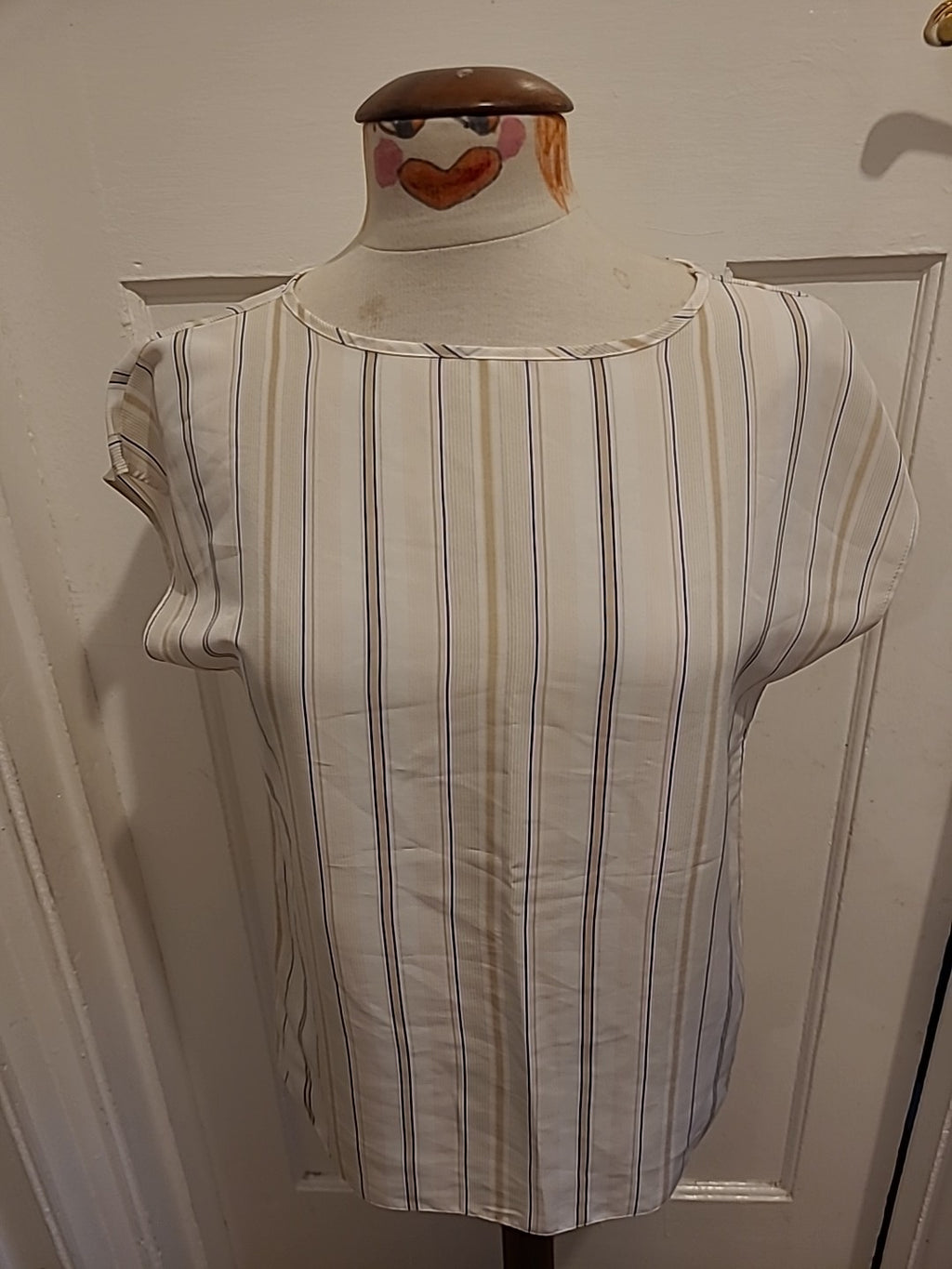 Ladies St Michael Size 10 Ivory/Peach/Beige Striped Short Sleeved Blouse