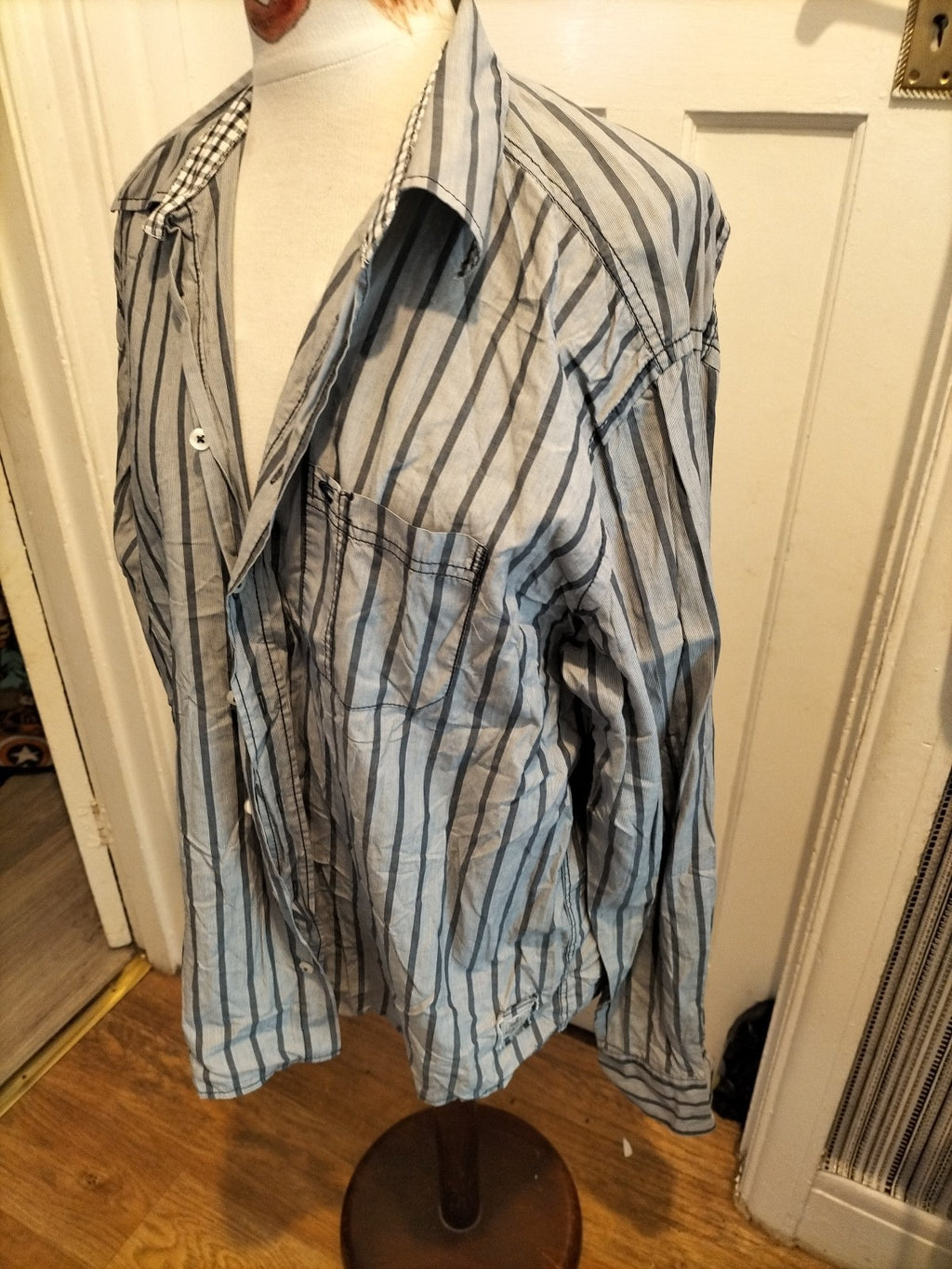Mens Camel Active Size XL Grey/Navy Striped Modern Fit Long Sleeved Shirt