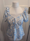 George 14 Blue And White Wide Neck Short Sleeve Blouse