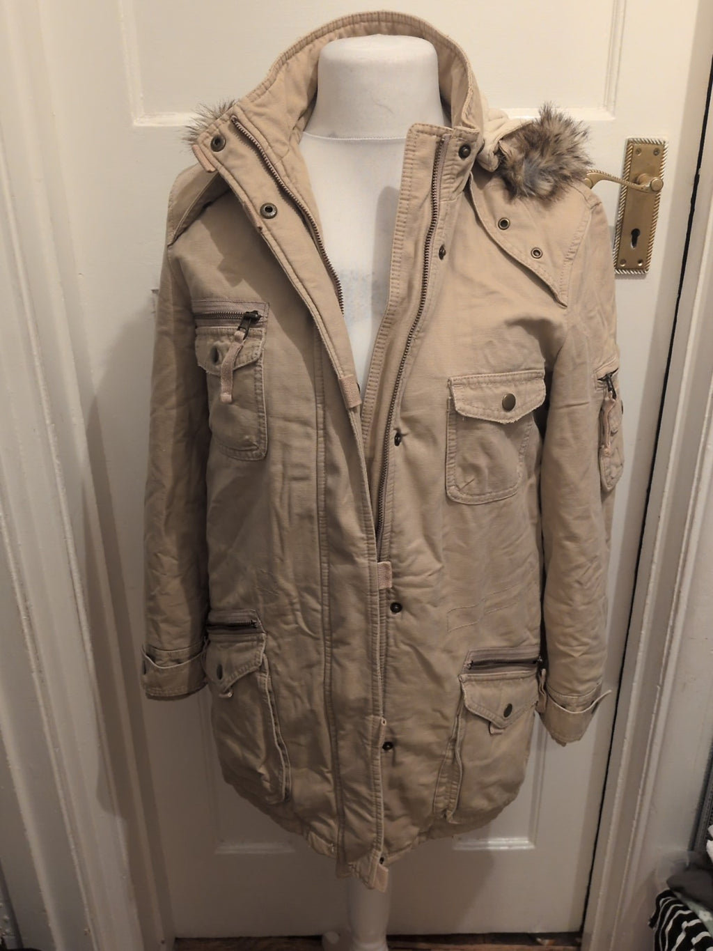 Marks And Spencer 10 Neutral Faux Fur Hood Coat