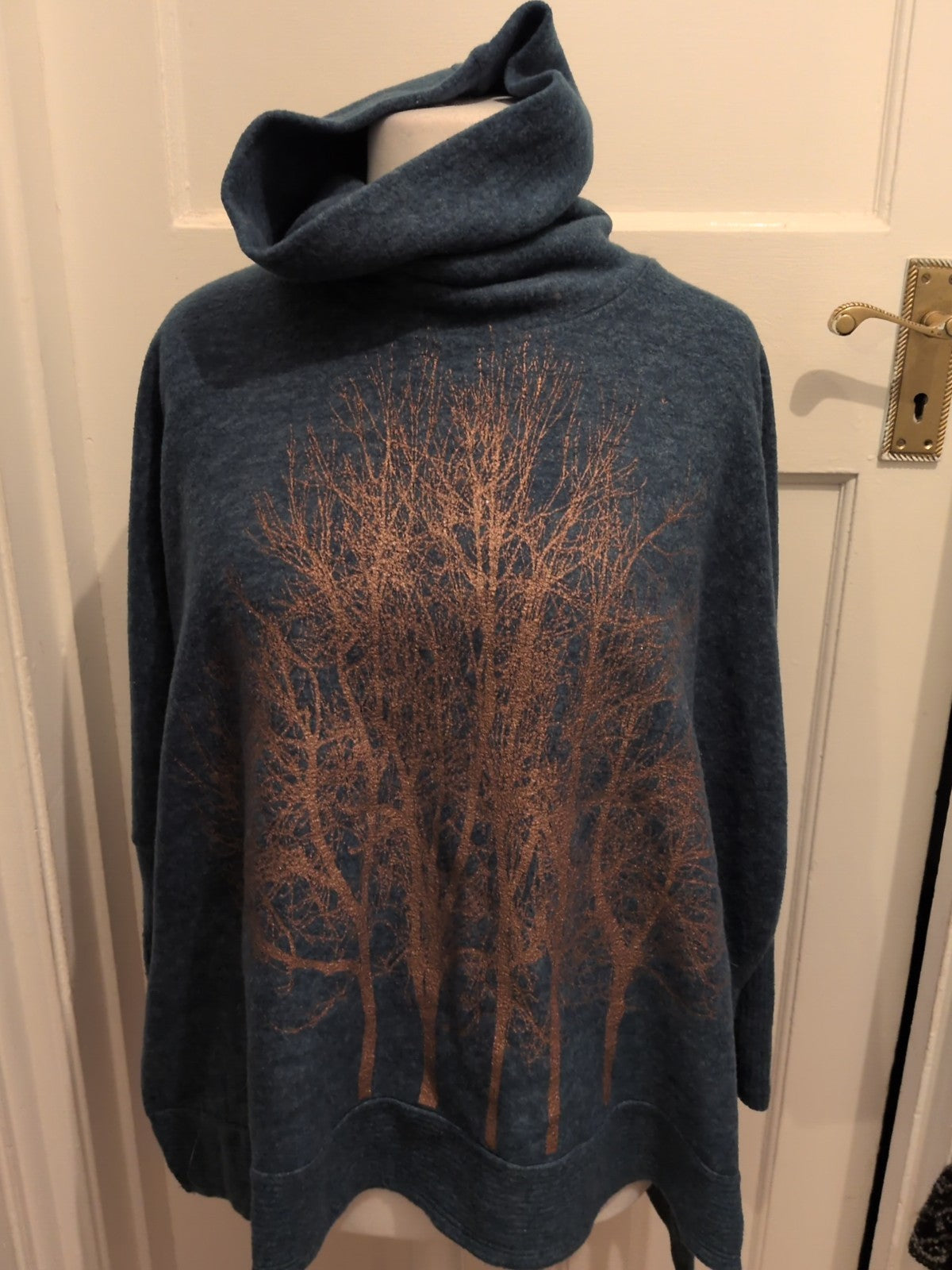 M/L Green With Gold Trees Long Sleeve High Neck Jumper