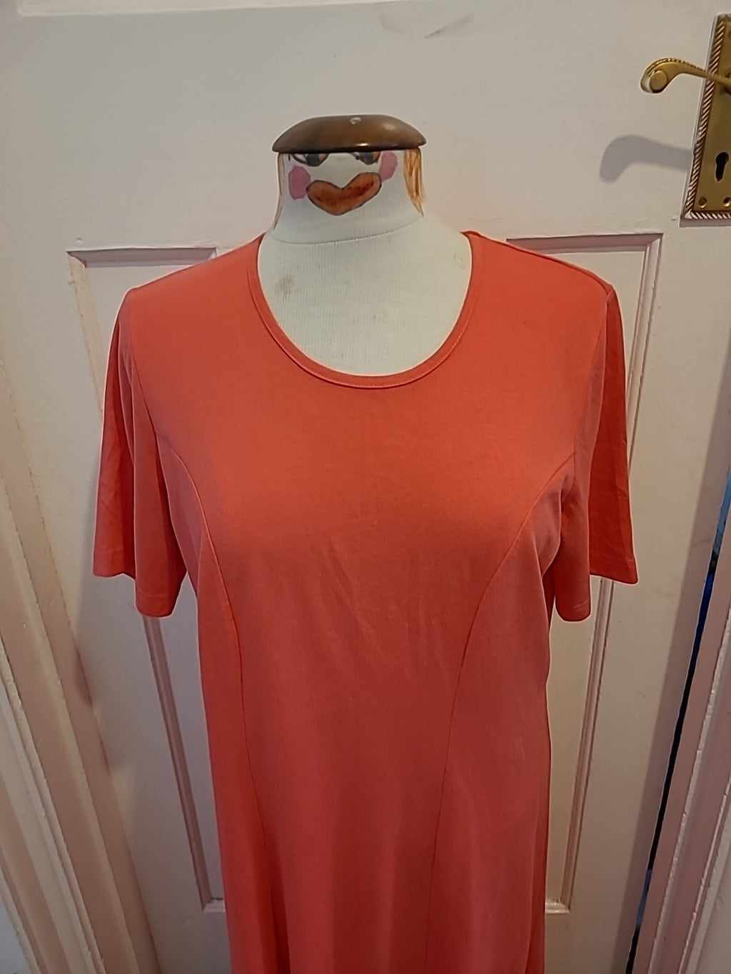 Ladies Damart Size 16 Bright Peach Short Sleeved Dress(Small Mark On Front)