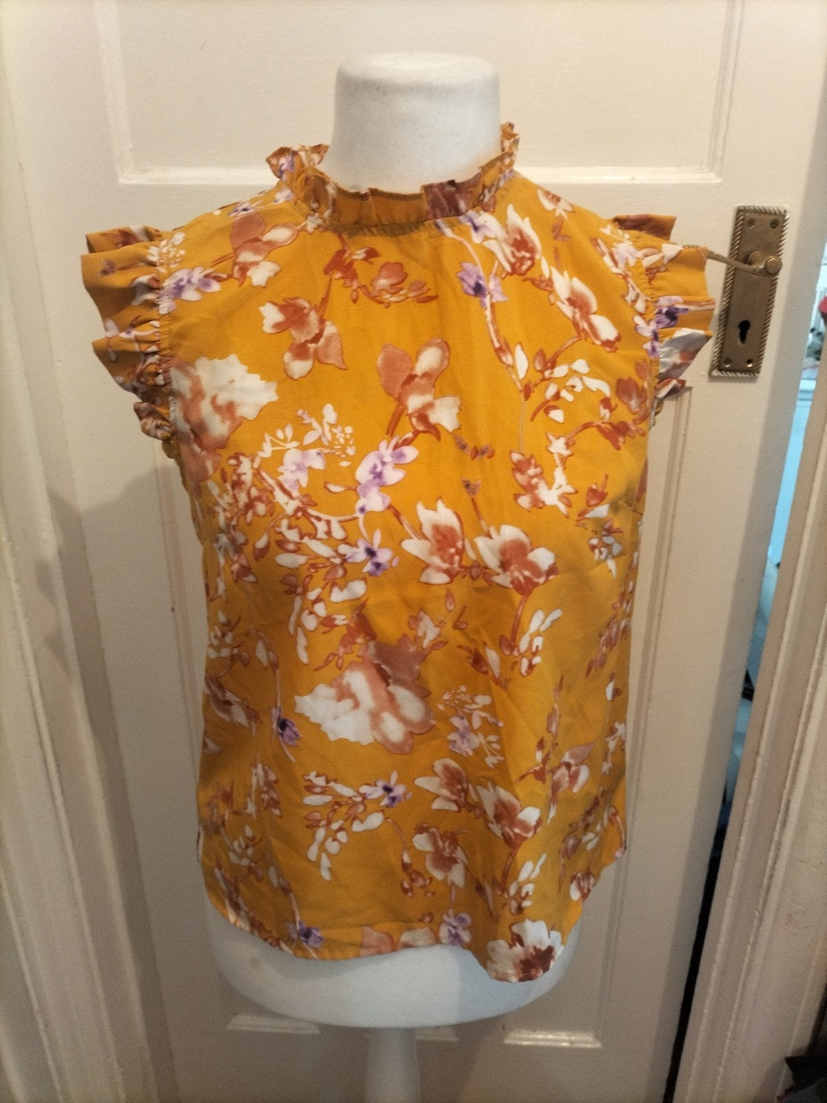 Ladies Shein L Yellow Short Sleeved Floral Blouse