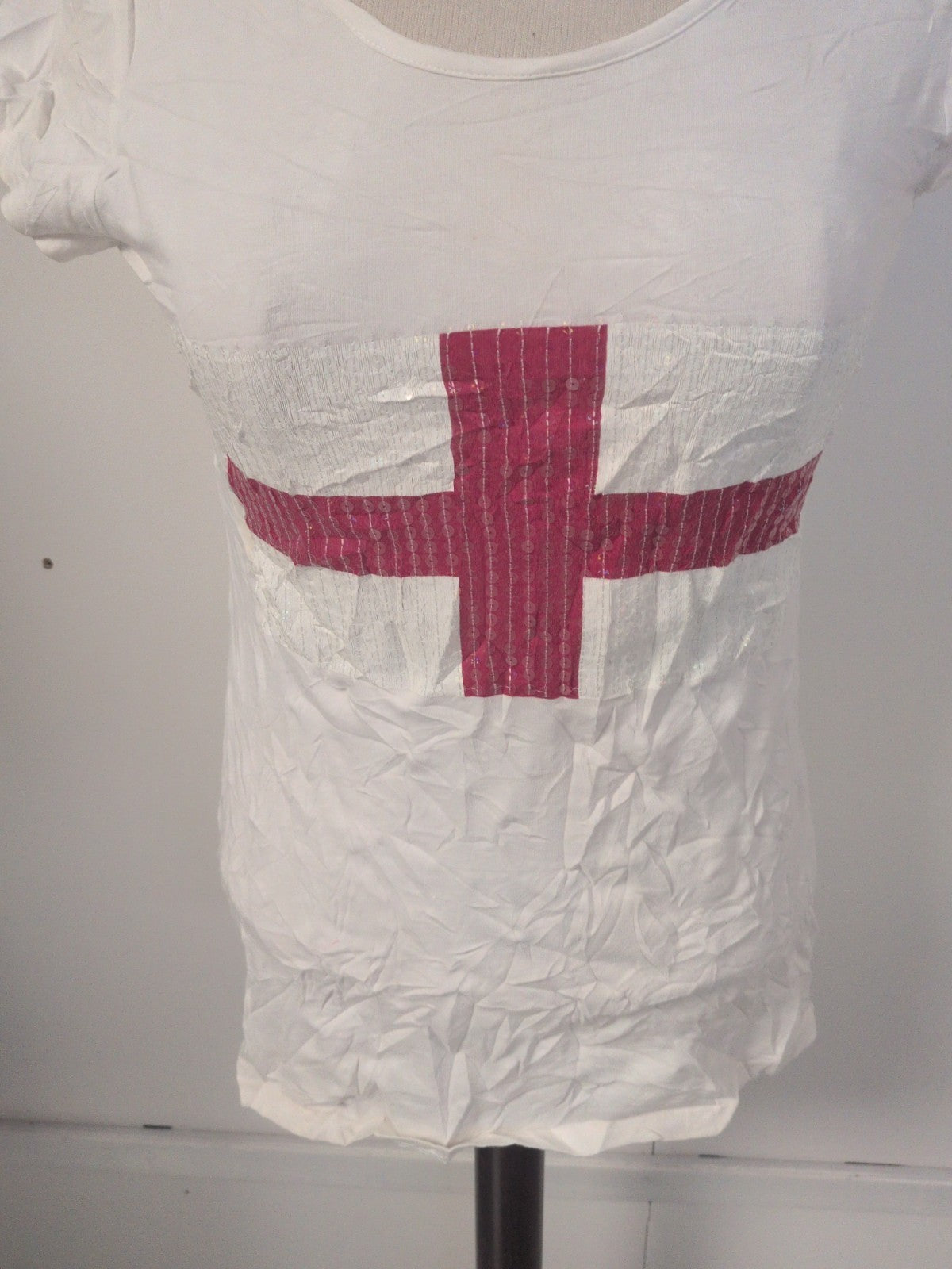 Ladies F&F Size 12 White England Flag Sequin T-shirt