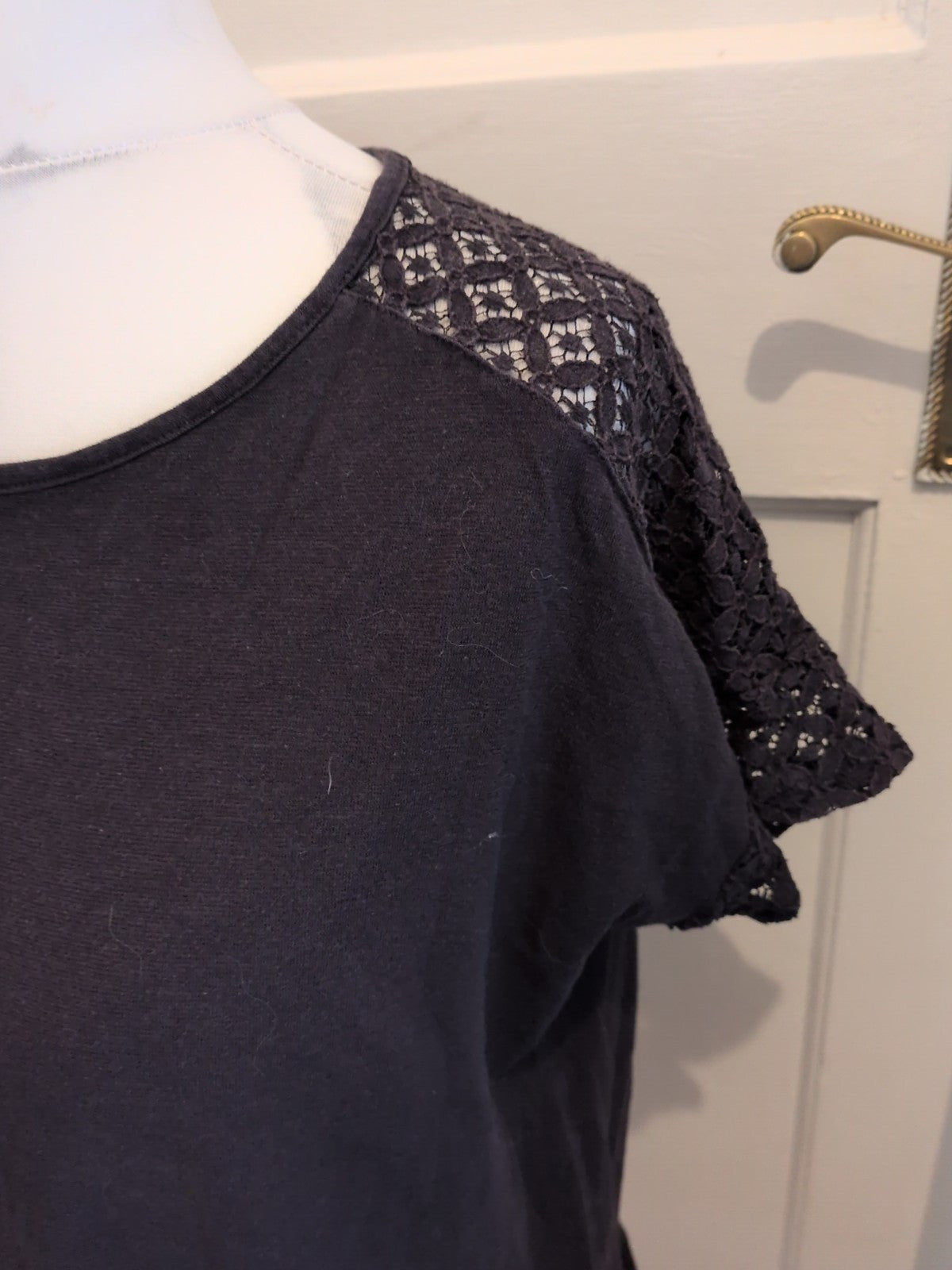 M&S Collection Large Black(Fading) Lace Trim Short Sleeve Blouse