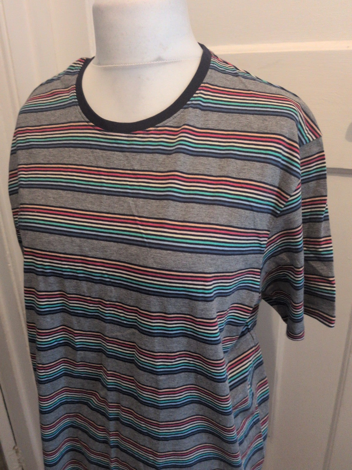 M&S Large Grey With Multicoloured Striped Short Sleeve Pyjama Top