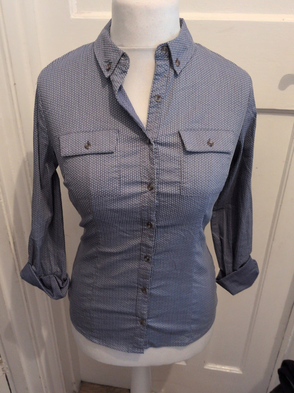 Ladies Next 8 Blue And White Long Sleeve Shirt Collared