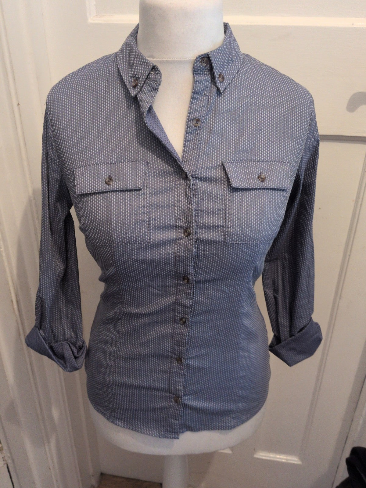 Ladies Next 8 Blue And White Long Sleeve Shirt Collared
