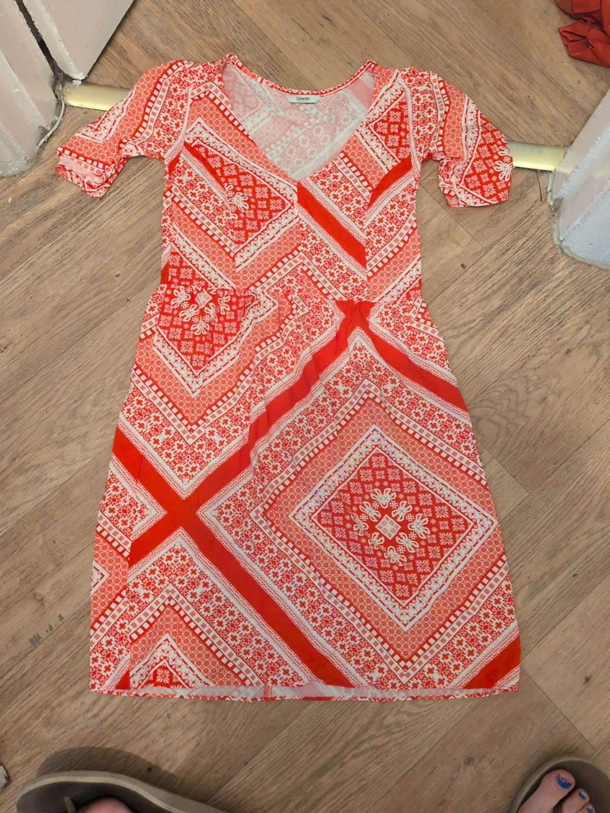 George 10 Red And White Pattern Short Sleeved Dress