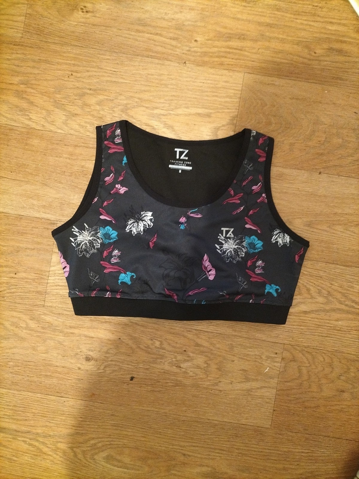 Ladies TZ Size Medium Black Floral Crop Gym Top