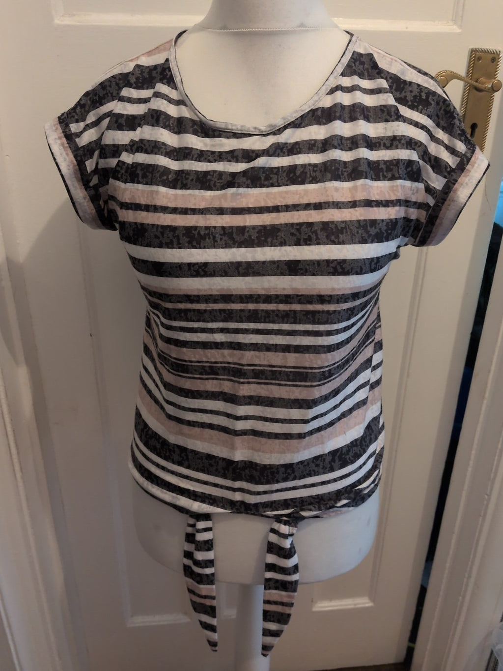 Wallis Small Beige Grey White Stripe Short Sleeve Blouse