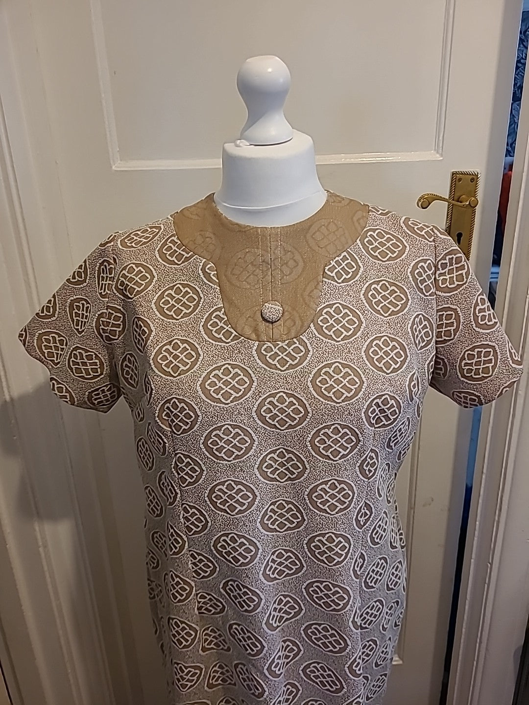 Ladies Size Large Vintage Brown And White Short Sleeved Dress