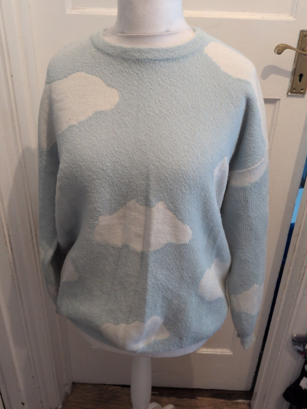 Shein Medium Blue And White Super Soft And Warm Cloud Pattern Jumper Pullover