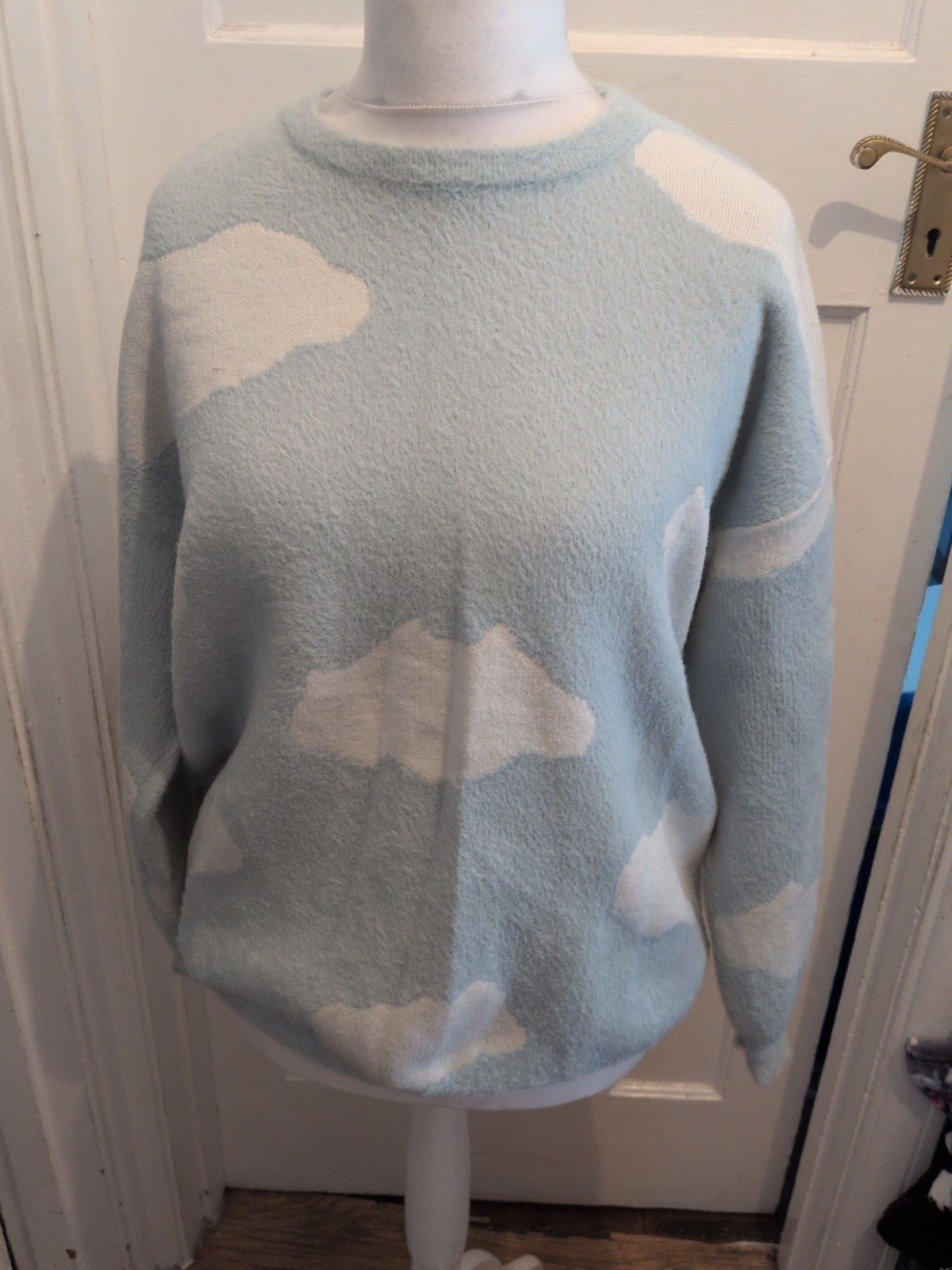 Shein Medium Blue And White Super Soft And Warm Cloud Pattern Jumper Pullover