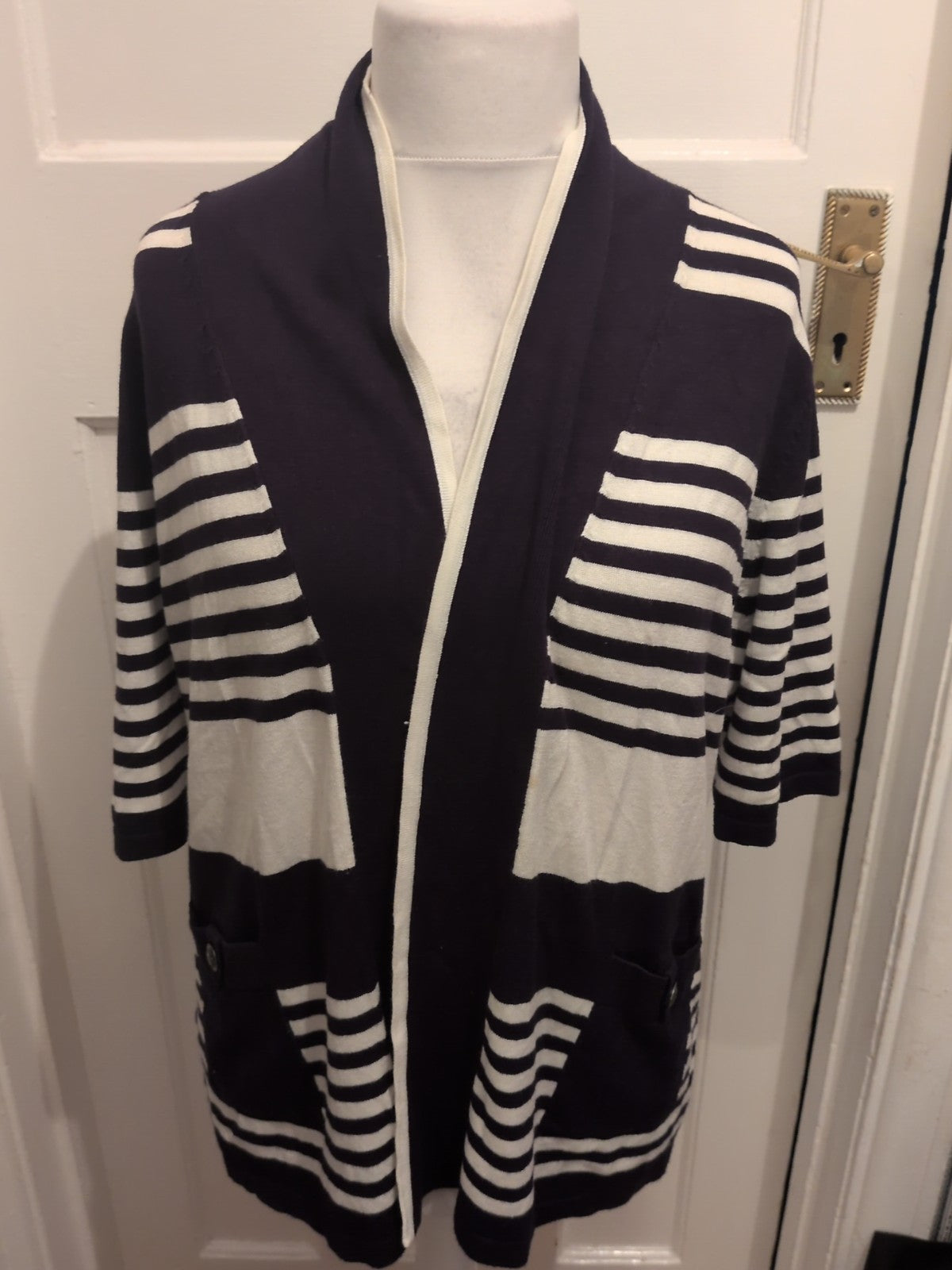 Ladies Size Large Navy And White Striped Collared Short Sleeved Cardigan Open...