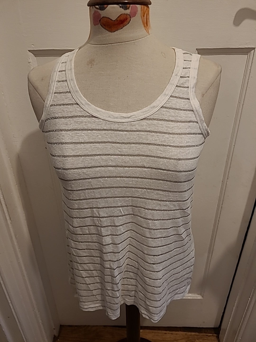 Ladies Medium Silver/White Striped Sleeveless Top