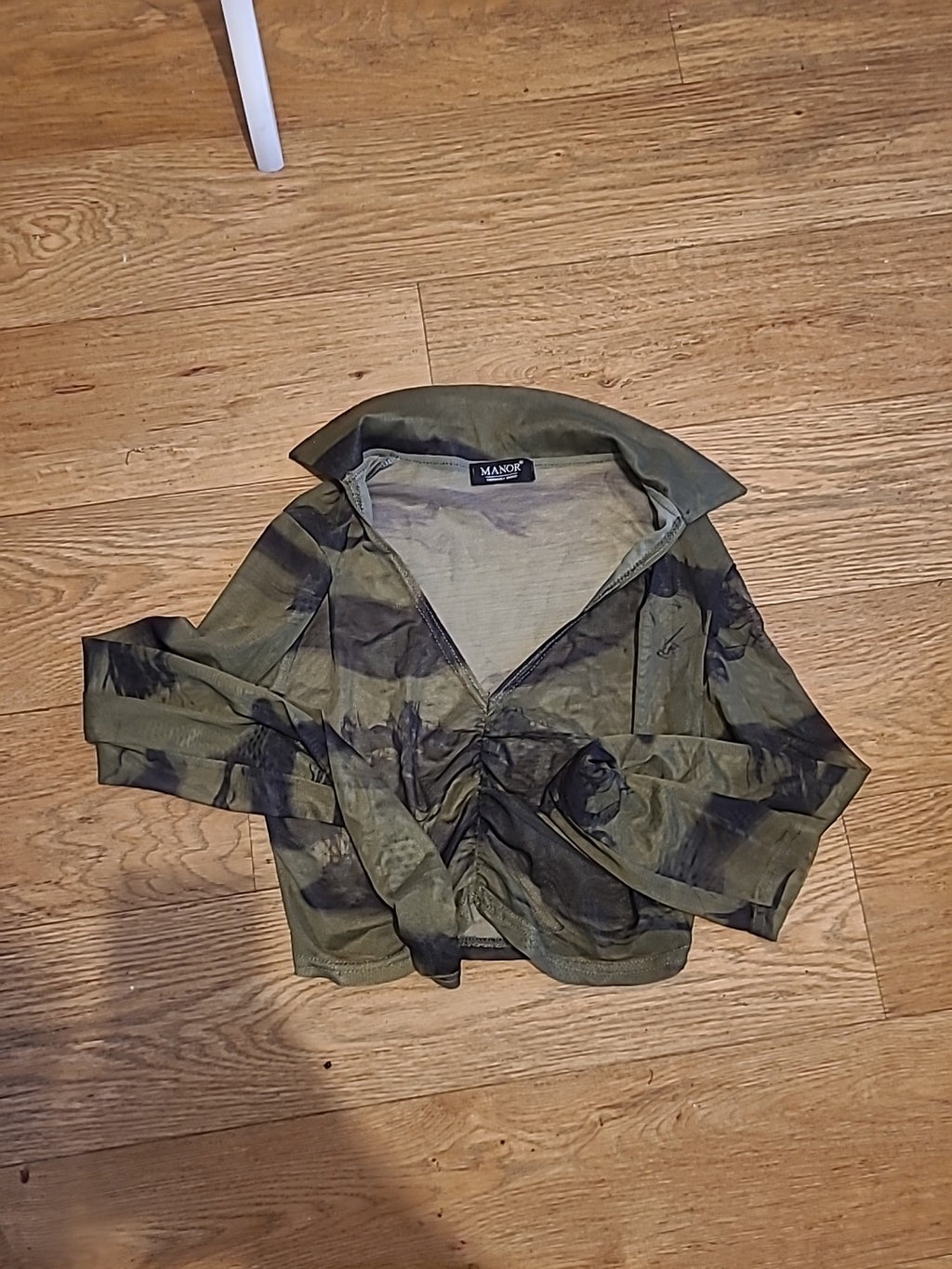 Ladies Manor Size Small Camo Ruched See Through Top