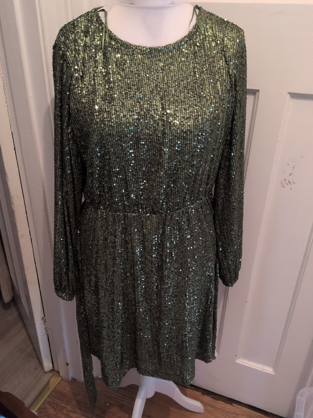 George 14 Green Sequin Covered Lined Long Sleeve Dress