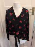 New Look 10 Black With Red Roses Front Knot Long Sleeve Blouse