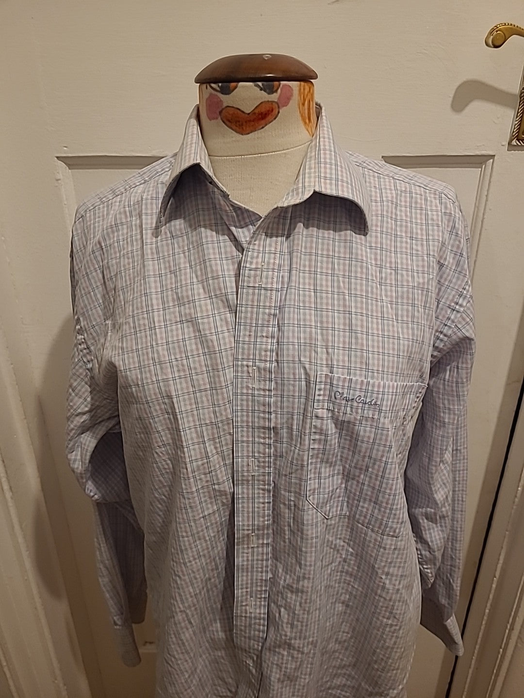 Mens Pierre Cardin Size 15.5in White Blue pink Check Long Sleeve Shirt