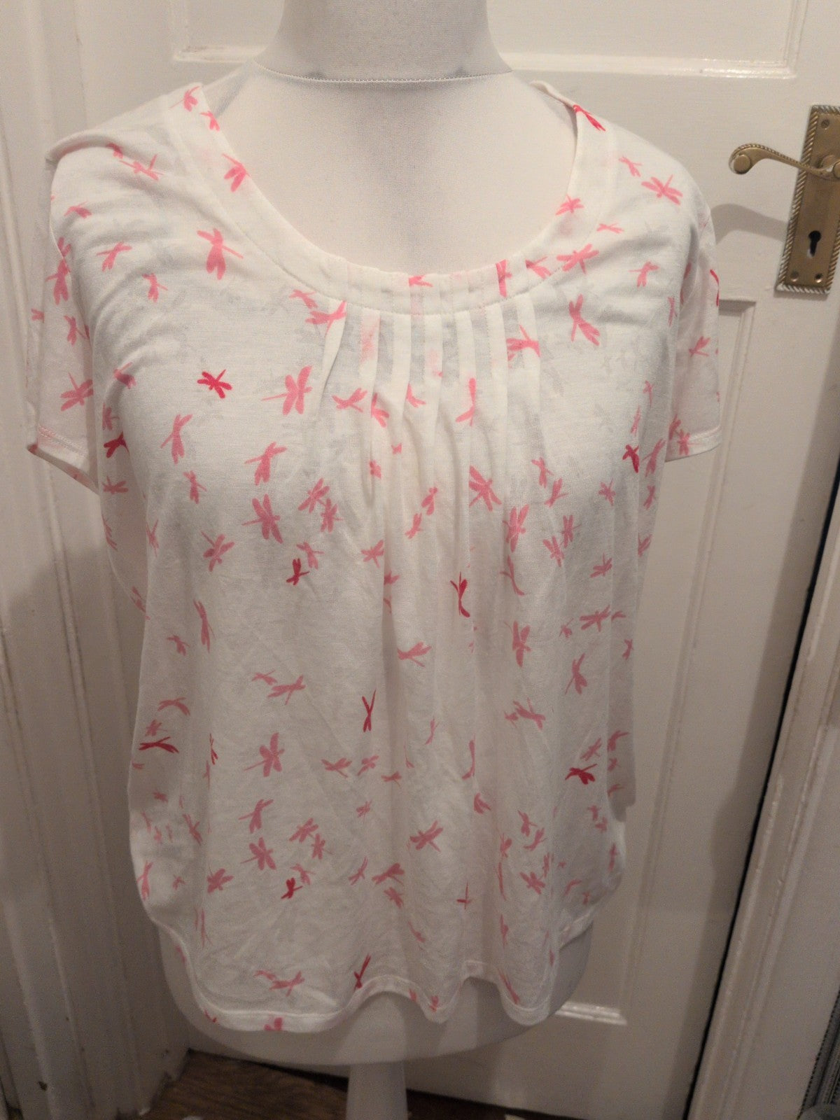 Marks And Spencer 16 White With Pink Pattern Short Sleeve T-shirt