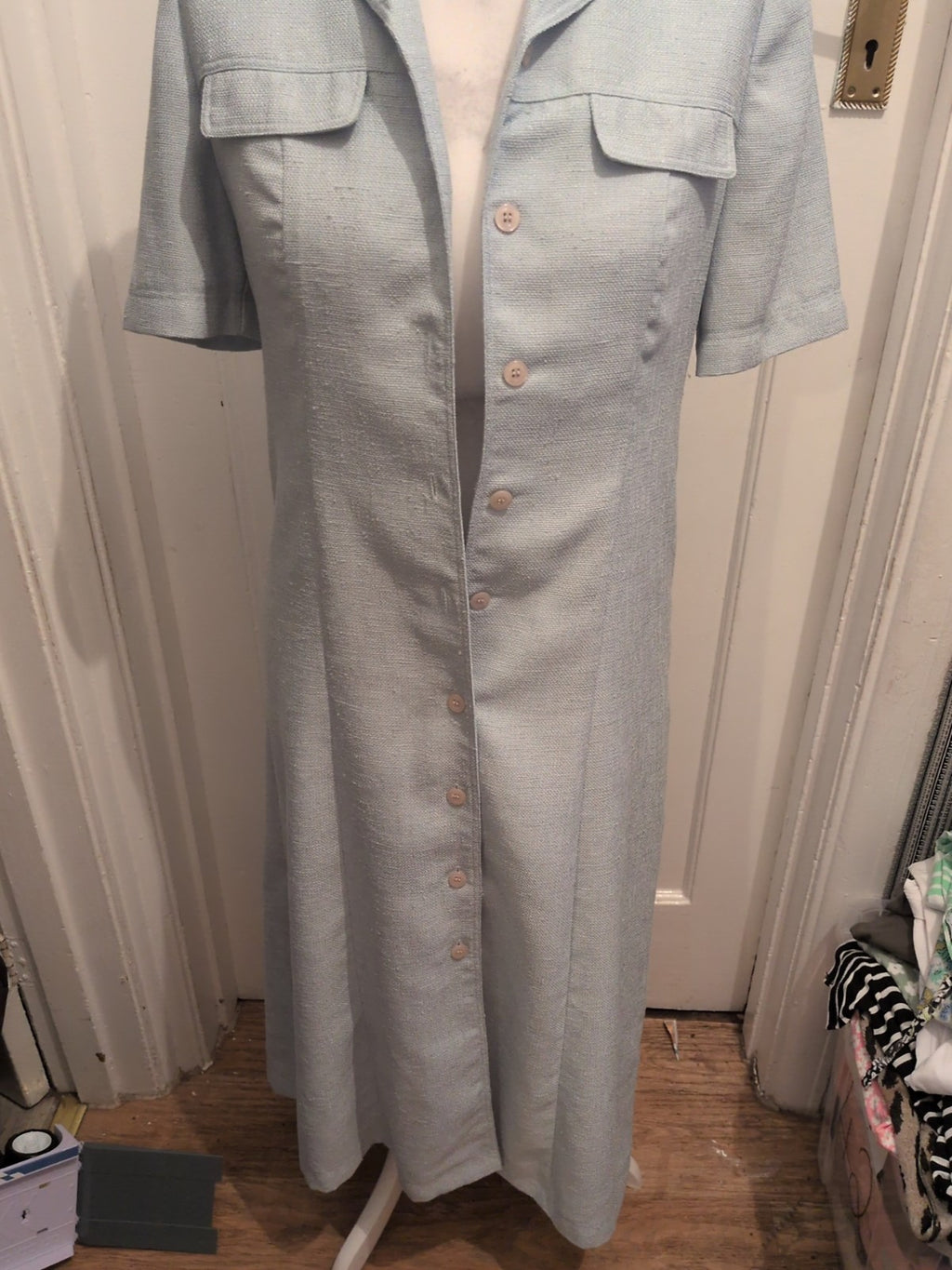 Viyella 8 Pale Turquoise Buttoned Long Length Dress Bobbling Short Sleeved