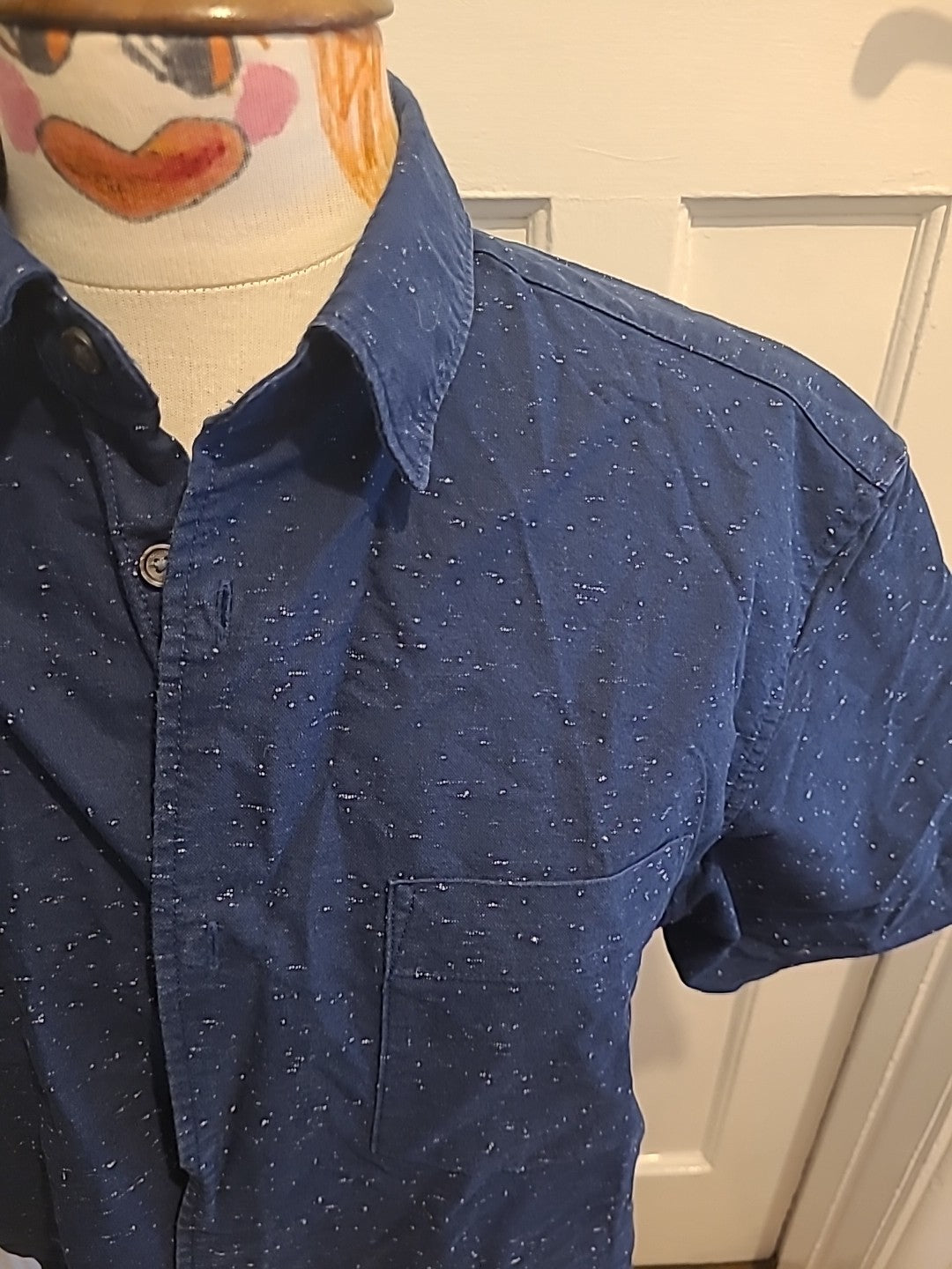 Mens Marks And Spencer Size Medium Laundered Oxford Navy White Short Sleeved...