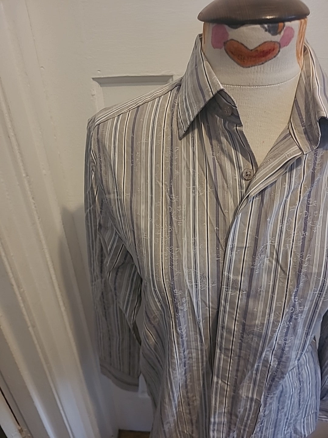 Mens John Rocha Size Small Grey Blue Detailed Striped Long Sleeved Shirt