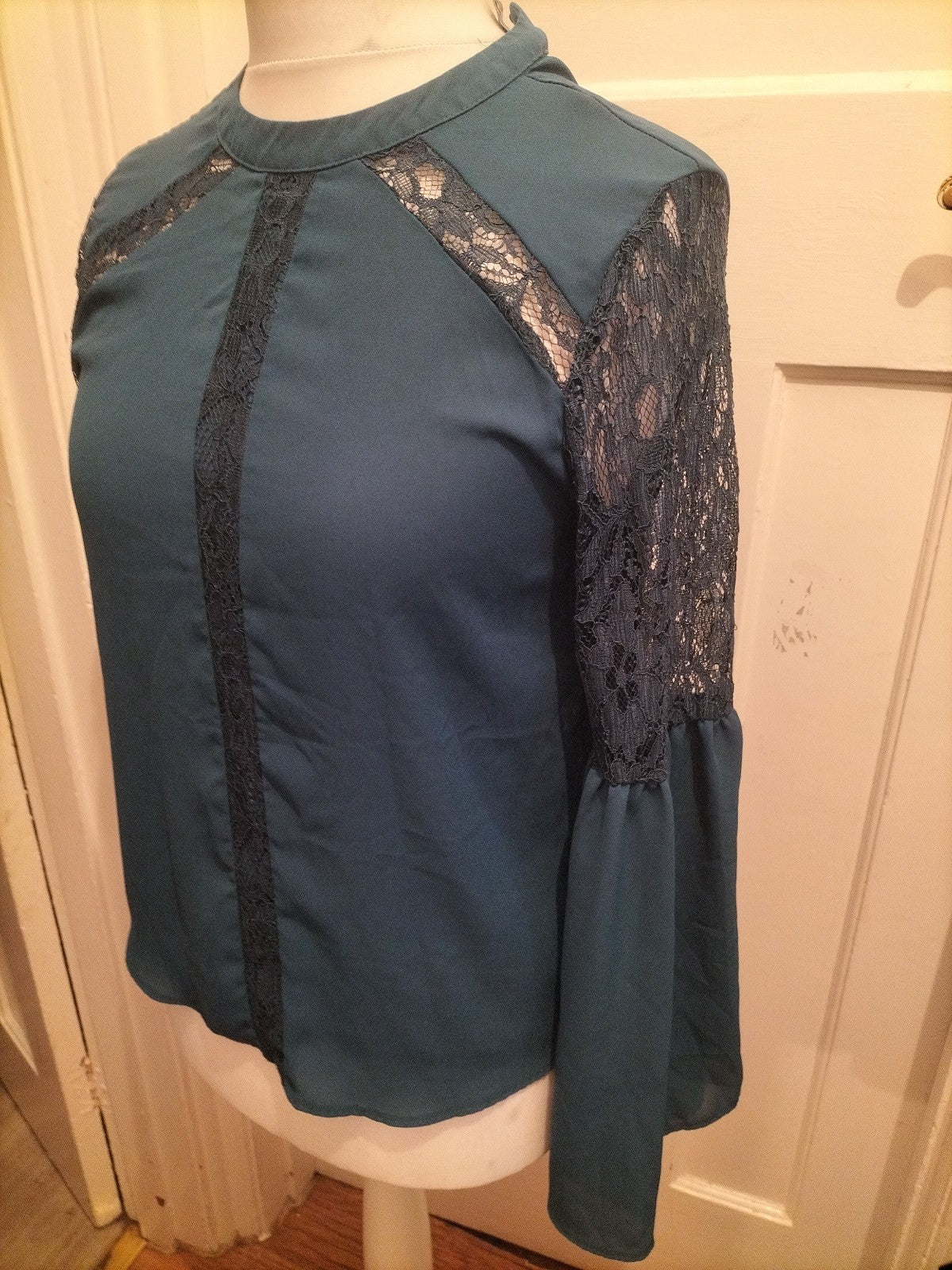 Primark 10 Dark Teal Lacey Flute Sleeve Blouse