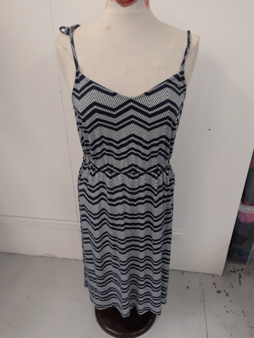Large Navy And White Self Tie Elasticated Band Sleeveless Dress